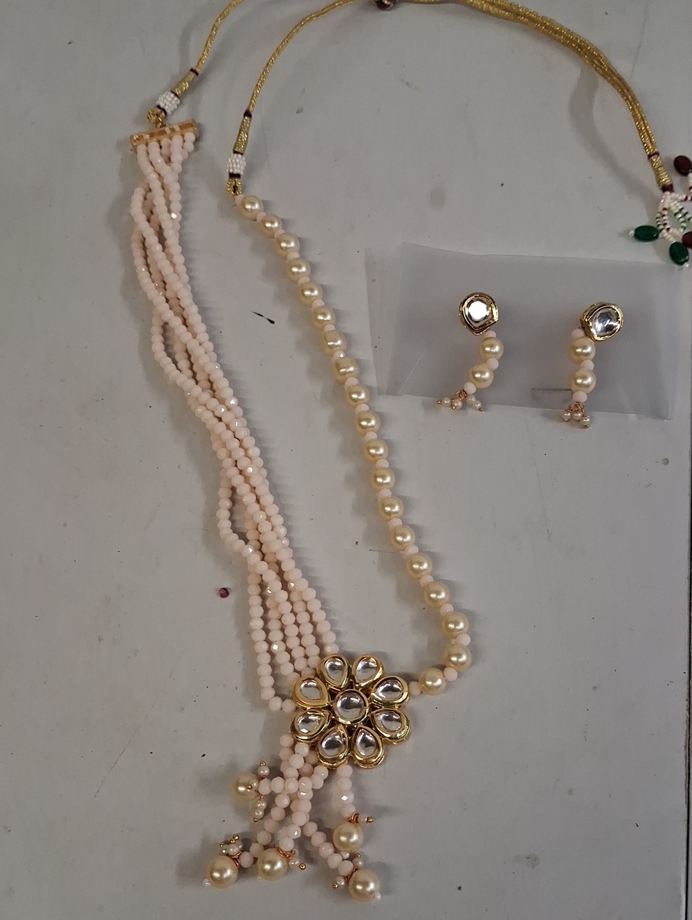 NWT Multistrand Beaded Necklace Floral Kundan With Matching Earrings